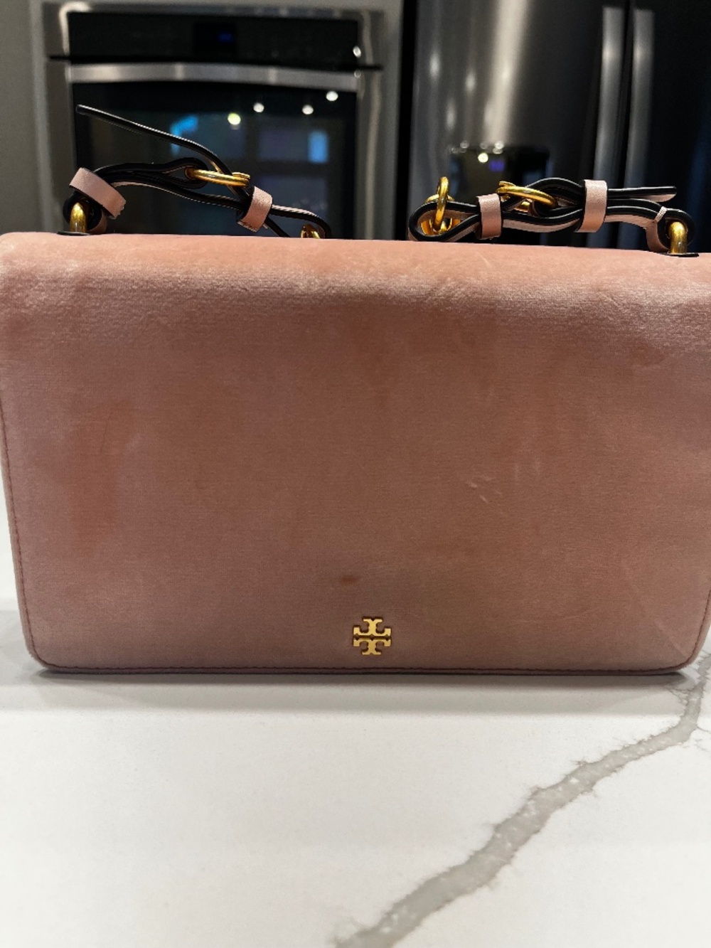 Tory Burch Pink Suede Chain‑Strap Shoulder Bag | Gold Logo | Crossbody